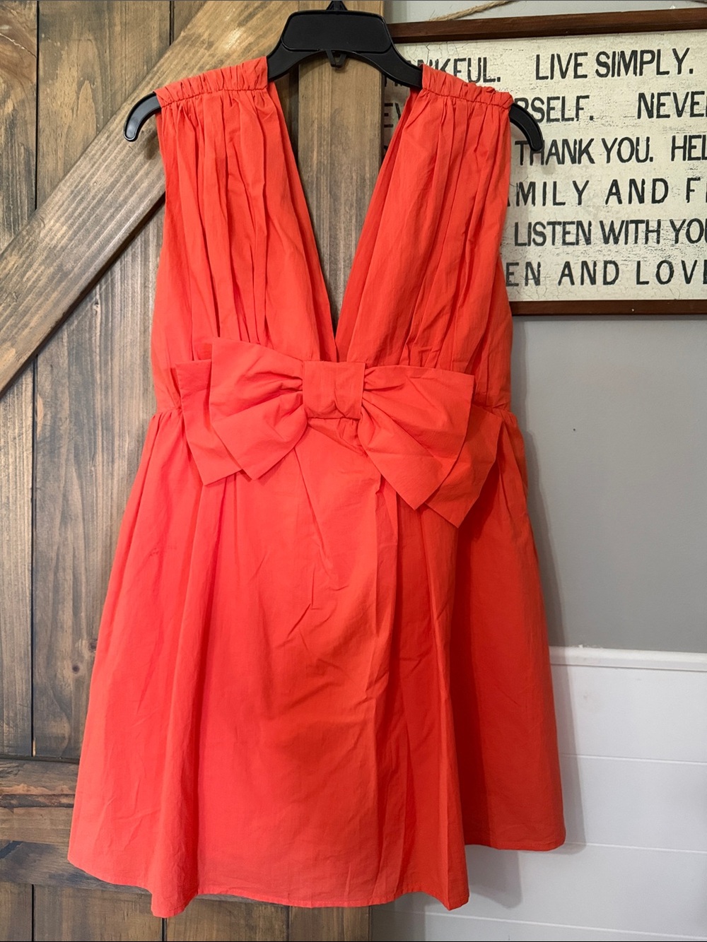 Cotton Sleeveless Deep V Bow Detail Mini Dress - Bright Coral in Size Large